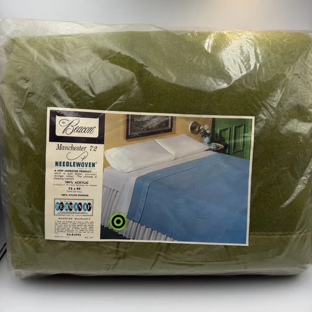 Vtg BEACON Manchester Green Blanket Acrylic Satin Trim Band Full‎ / Twin 72